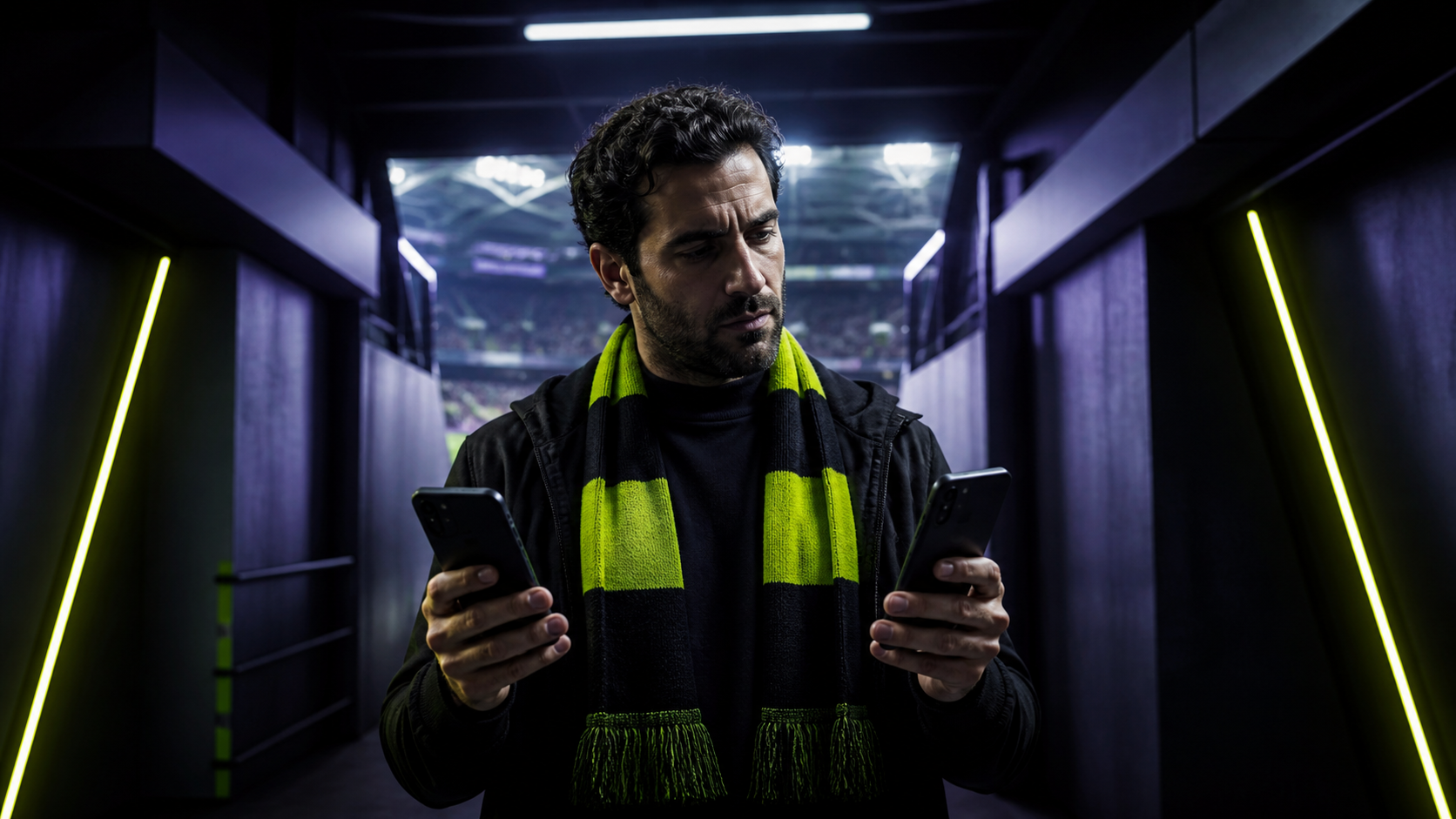 Football athlete checking mobile connectivity beside the pitch