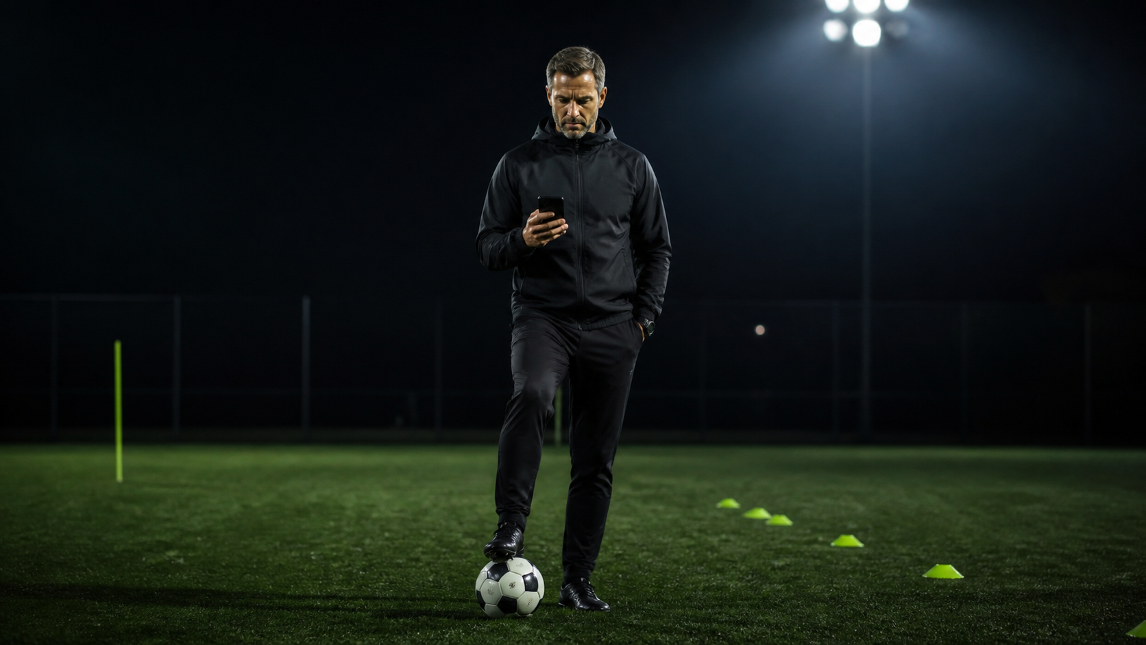 Football athlete using a mobile sports app in a stadium tunnel