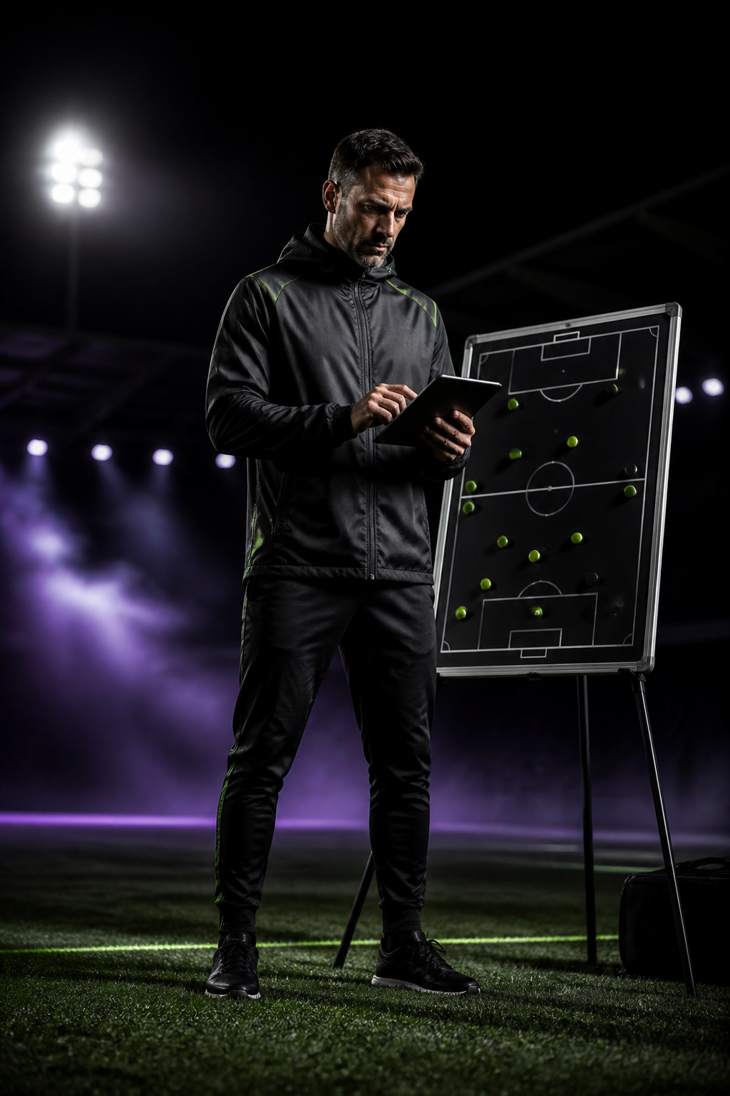 Football coach and athlete reviewing tactical options