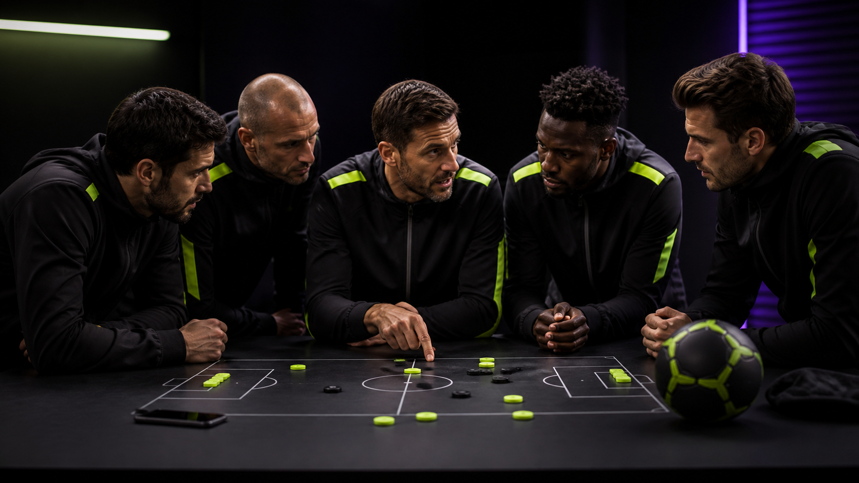 Athletes and coach reviewing a tactical plan outside a stadium