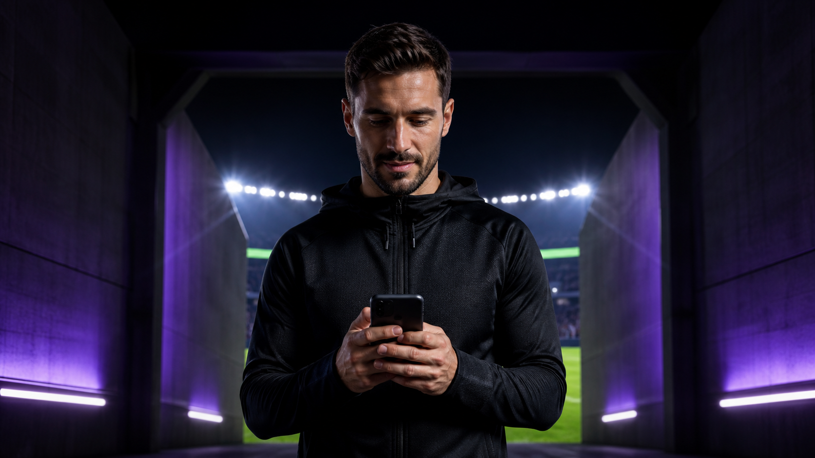 Football supporter reviewing accumulator offers in a stadium tunnel